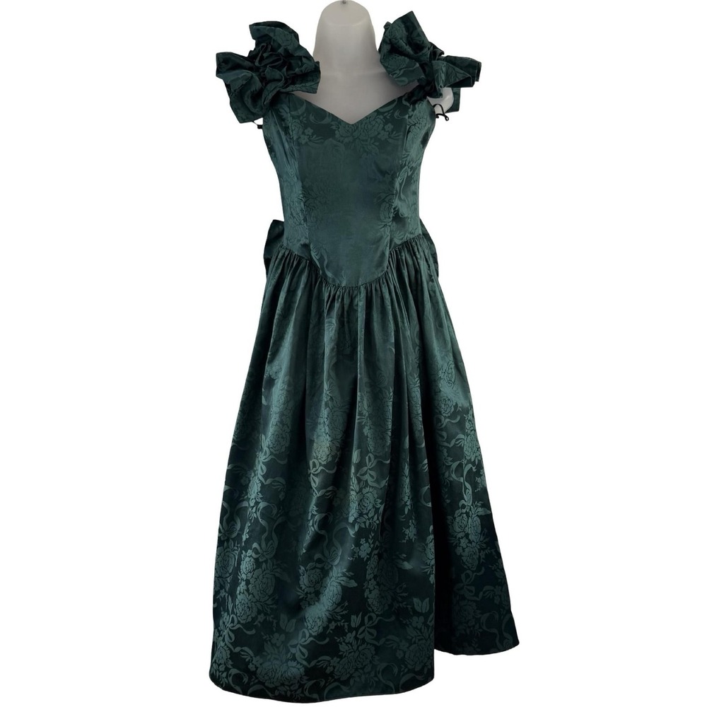 Vintage Jessica McClintock Bridal Dress Womens 8 Green Jacquard Bow USA 80s Puff